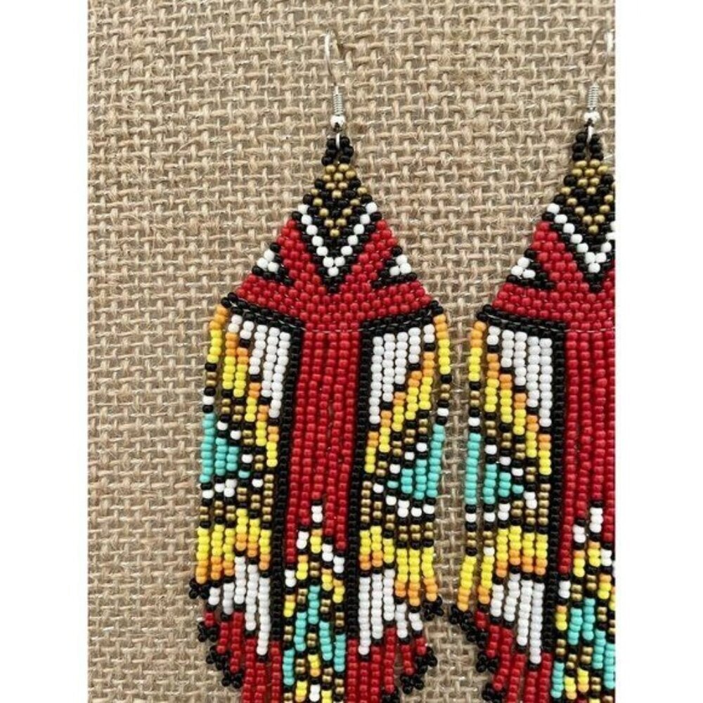 Handmade Miyuki Seed-Bead Fringe Dangling Earrings Western Style Red NWT - Picture 2 of 9